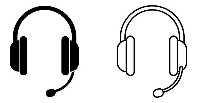 Ilustraci&oacute;n de aud&iacute;fono con micr&oacute;fono en blanco y negro. Icono de m&uacute;sica, stream, videojuegos y entretenimiento. Vector para app, sitio web, folleto, gamer  y otros.