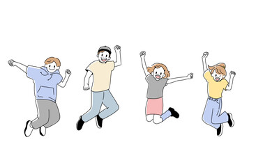 元気にジャンプする子供たちのイラスト　友達と青春　手書きベクター素材