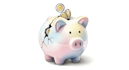Obraz premium Broken pastel piggy bank with coins falling out