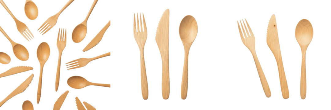 Set and collection of eco-friendly disposable wooden cutlery including forks, knives, and spoons isolated on white transparent PNG background