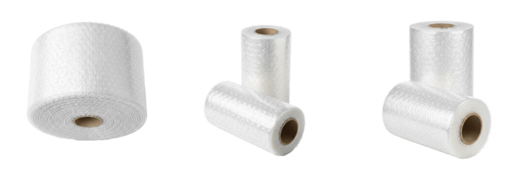 Set and collection of industrial bubble wrap rolls for protective packaging and fragile shipping isolated on white transparent PNG background