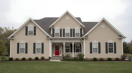 Modern two-story suburban luxury house with front porch, green lawn, and overcast sky, residential architecture exterior