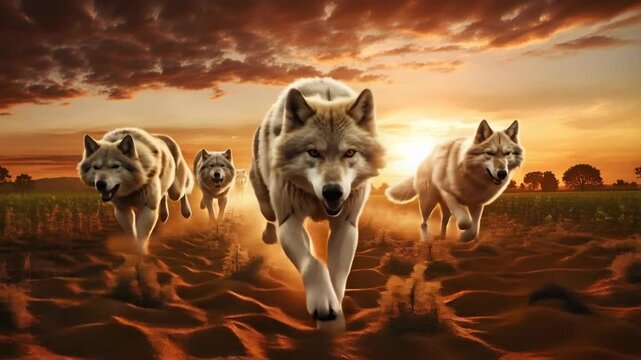 Wolves Running Through Desert at Sunset