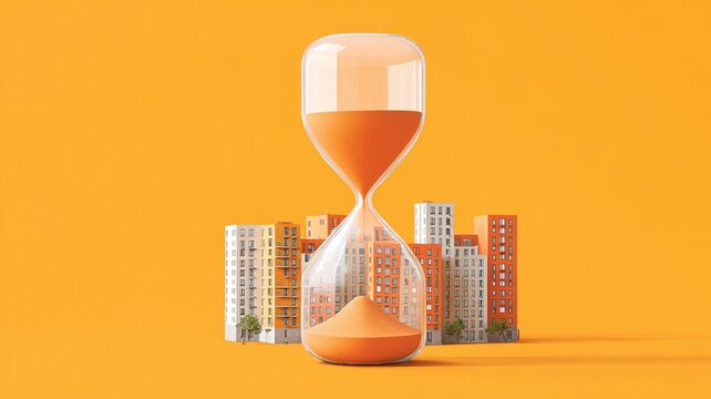 The urban real estate crisis, Hourglass with sand flowing in front of city buildings on an orange background