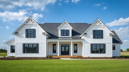 Modern farmhouse exterior with white siding and dark roof under blue sky perfect for real estate and home design