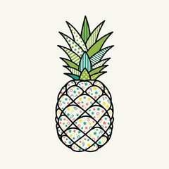 Fototapeta premium Colorful, cartoon-style pineapple illustration with decorative leaves and fruit