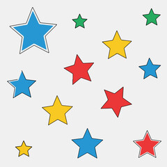 Obraz premium Colorful, cartoon-style stars with black outlines scattered on a light grey background