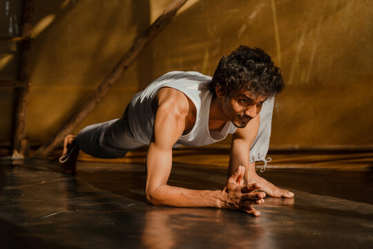 Man Performing Forearm Plank Pose Core Body Strength Yoga