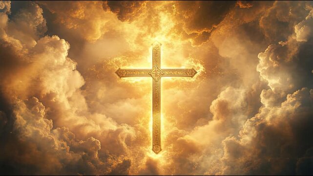 Glowing Golden Cross in Heavenly Clouds