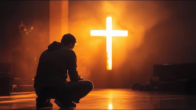 Man Kneeling in Prayer Before Cross