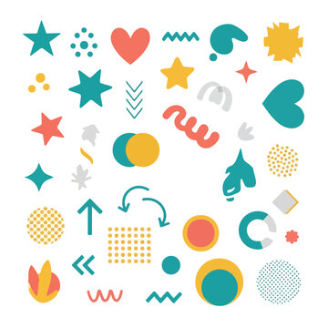 Colorful, diverse collection of geometric shapes and icons arranged on white