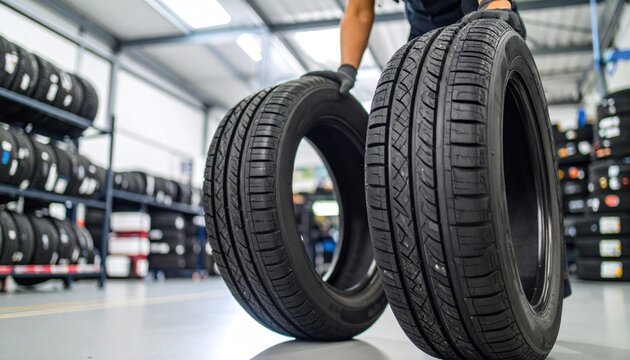 Auto service technician rolling new car tires with visible tread patterns on the floor of a modern automotive workshop.