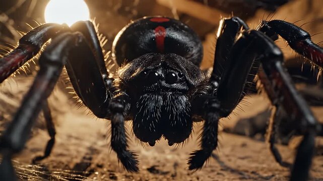 Close-up of a black spider in a web.