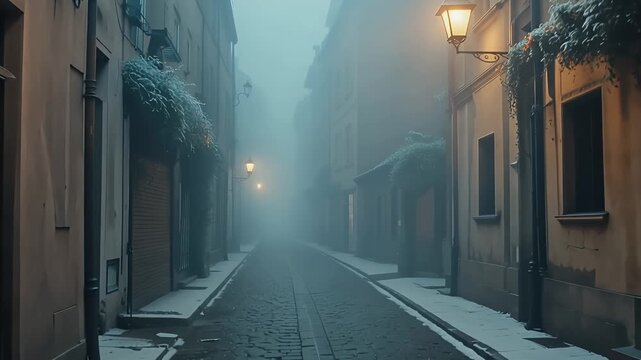 Foggy cobblestone alley with old buildings and warm lantern light at dusk