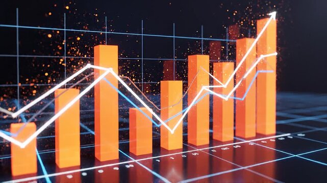 A futuristic 3D bar and line graph glowing with orange bars and white trend lines on a digital grid.