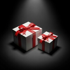 Fototapeta premium Two elegantly wrapped gifts with red ribbons under spotlight