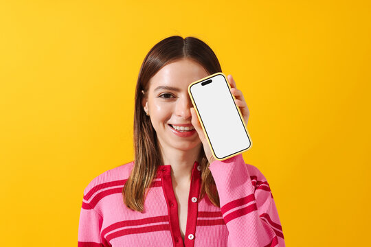 Woman Holding phone With white Screen mockup