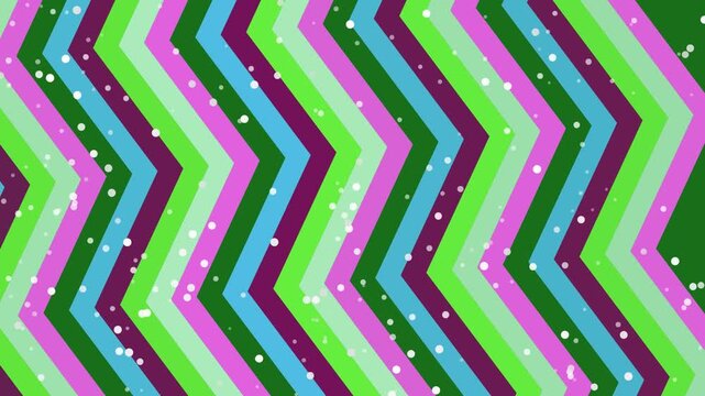 Animated Chevron Pattern Background with Falling Snowflakes in Vibrant Green, Purple, and Blue Tones