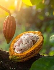 A cacao pod cut open on a tree branch with sunlight shining through