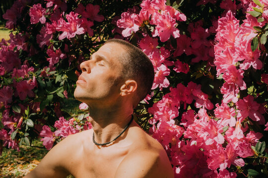 Portrait of Man at Peace in Spring Sunshine