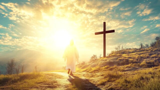 Jesus Walking Toward Cross in Golden Sunrise