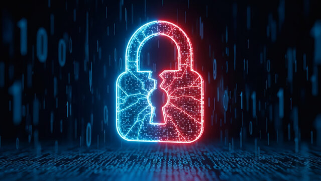 Digital Security Breach Concept with Glowing Broken Padlock and Binary Code Background Representing Data Vulnerability and Cyber Protection