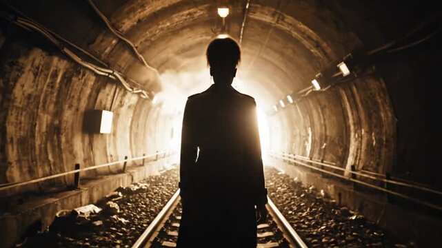 Silhouette of a man standing on train tracks in a dimly lit tunnel with a bright light at the end, conveying a sense of hope or escape.