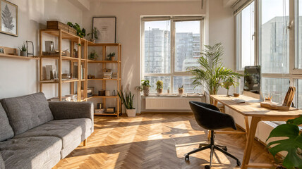 Fototapeta premium Bright home office with plants and natural light