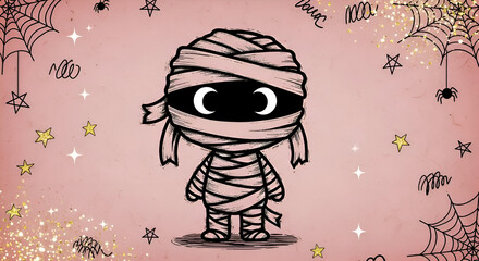 Cute Cartoon Mummy Character with Bandages and Spooky Halloween Decorations.