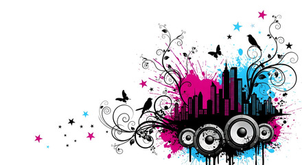 Colorful abstract music-themed artwork with city silhouette, speakers, and decorative elements on white background.