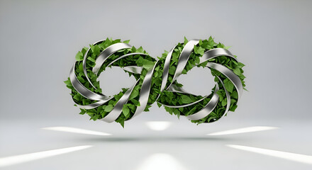 Elegant Infinity Symbol Crafted with Greenery and Metallic Ribbons on White Background.