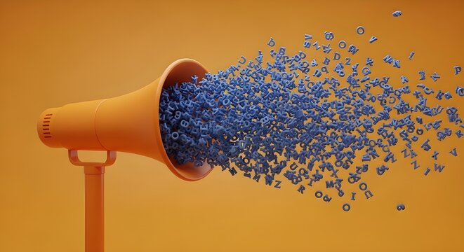 A vibrant orange megaphone broadcasting a multitude of blue letters and symbols into the air, symbolizing communication and information.