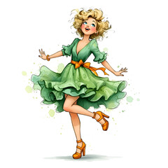 Joyful Watercolor Illustration of a Dancing Woman in a Green Dress with Orange Accents.