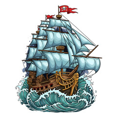 Magnificent Pirate Ship Sailing the Turbulent Seas with Skull and Crossbones Flag.