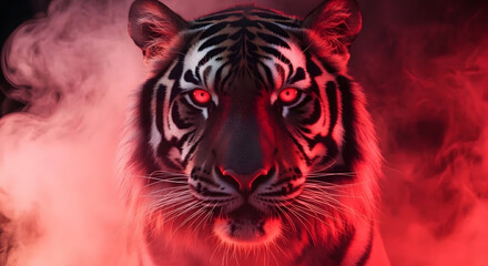 Majestic Tigers Fiery Gaze - A Powerful Portrait Amidst Crimson Smoke.