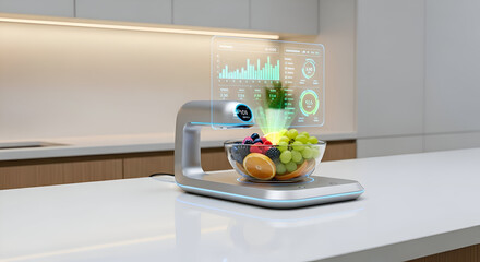 Modern kitchen scale with augmented reality display showing nutritional information of fresh fruits.