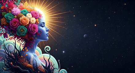 Mystical Woman with Floral Crown and Radiant Aura in Cosmic Dreamscape.