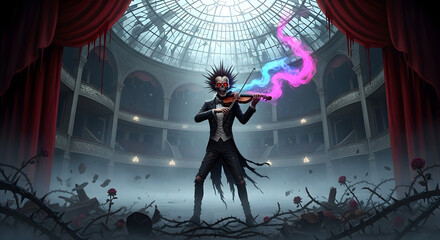 Mysterious Violinist Performing on Stage with Ethereal Musical Energy.