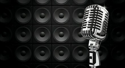 Vintage Microphone in Front of a Wall of Speakers - A Classic Audio Setup.