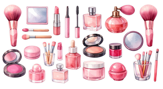 A charming watercolor collection of pink makeup clipart, including brushes, lipstick, mascara, perfume bottles, compact powder, and cosmetic jars.