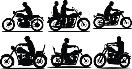 Collection of classic motorcycle rider silhouettes in side view, vintage chopper and cruiser bikes isolated on white background, biker lifestyle transportation vector illustration set © Moklesur