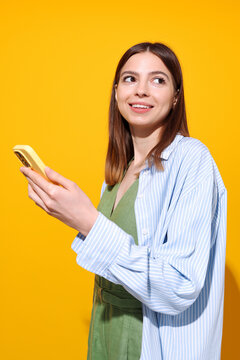 Colorful Portrait Stylish Woman Holding Yellow Phone Case