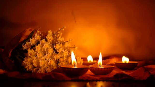 Beautiful Diya Lamps and Flowers for Diwali Celebration.