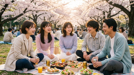 満開の桜の中で花見を楽しむ親しい仲間たち
