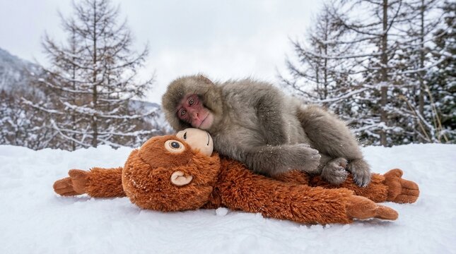 Baby Monkey Lying On Back Of Orangutan Plush Toy