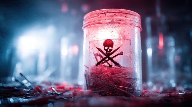 Biohazard disposal scene of contaminated sharps in sealed container emphasizing risk prevention and community protection concept selective focus dark awareness theme dramatic surreal Double exposure l