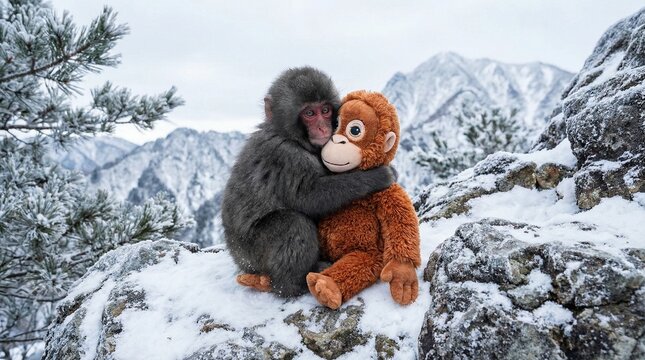 Baby Snow Monkey Hugging Orange Orangutan Plush Toy Winter