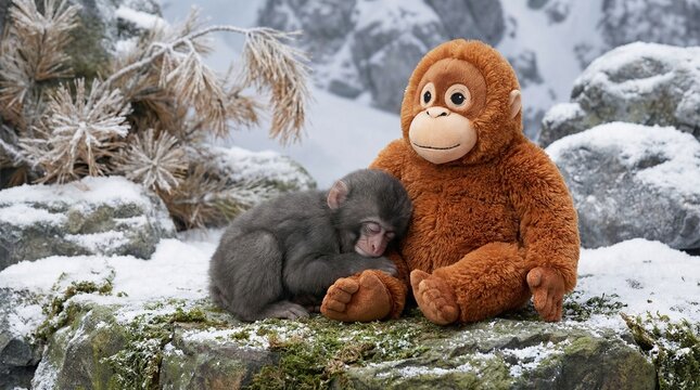Cute Snow Monkey Sleeping On Orangutan Plush Toy Lap