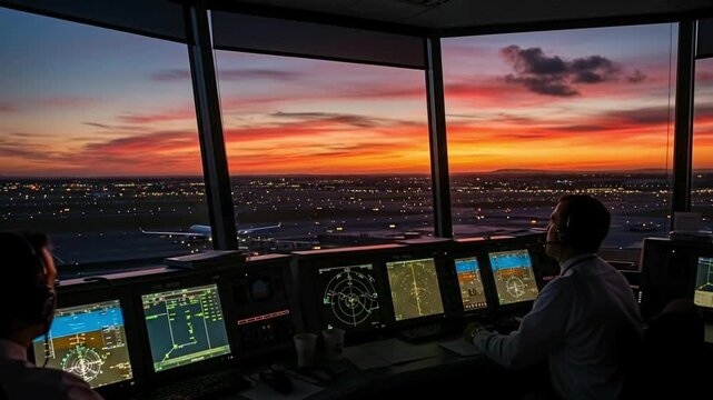 A sunset view from an airport control tower with operational screens.