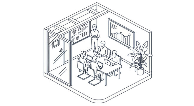 Business meeting in a modern office with people collaborating around a table.